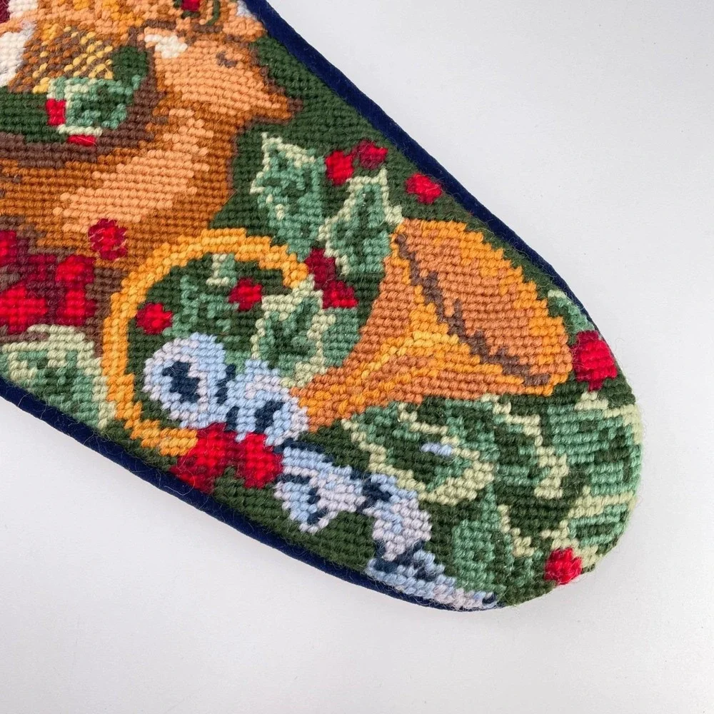 Vintage Needlepoint Christmas Stocking Santa Claus Reindeer Navy Velvet 19 inch